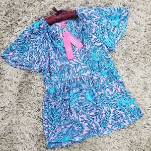 Lilly Pulitzer NWT Blue/Pink Floral Short Sleeve Top with Tassles Size S